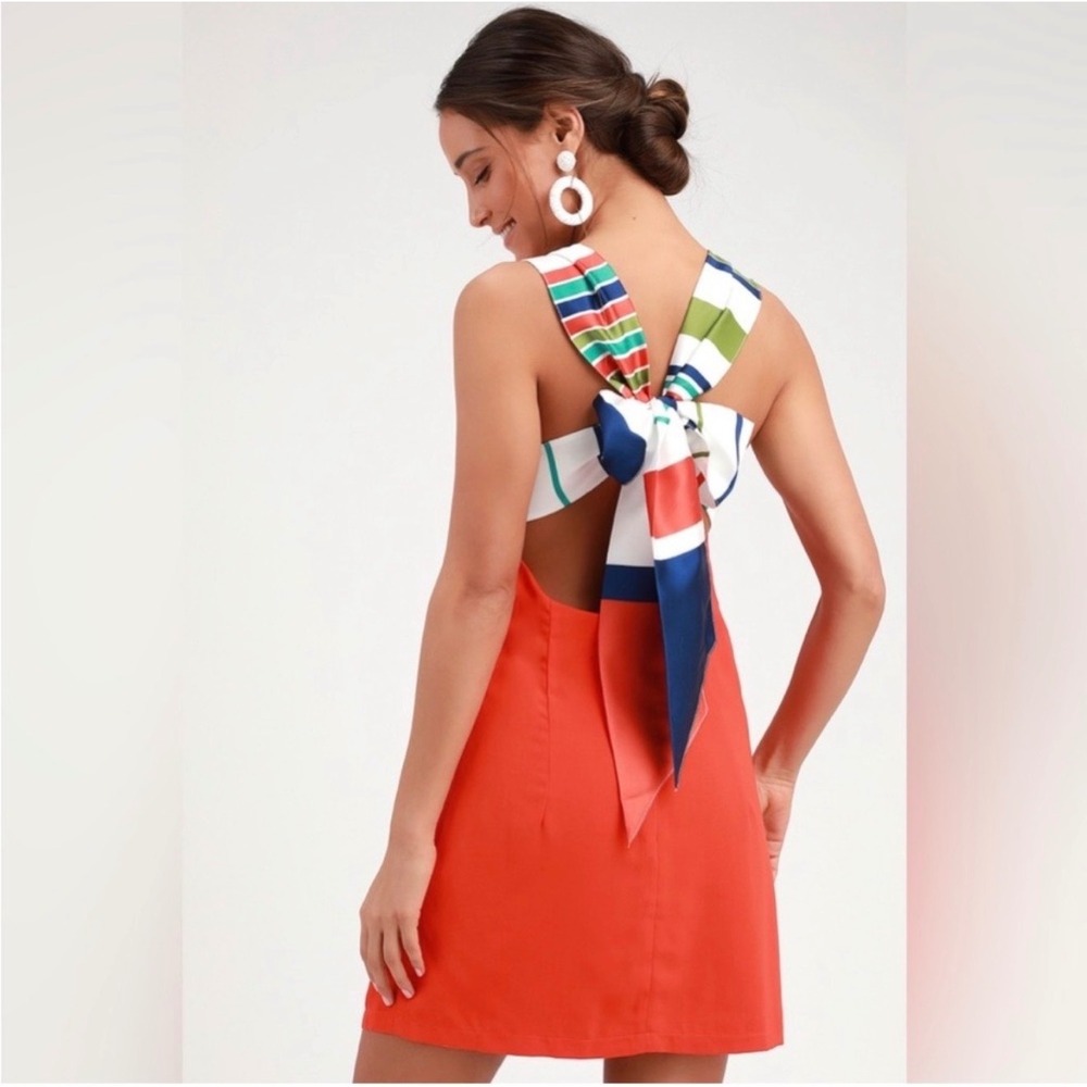 Lulus Joyful Red Orange Multi Stripe Tie-Back Mini Shift Dress XXS IDD74006